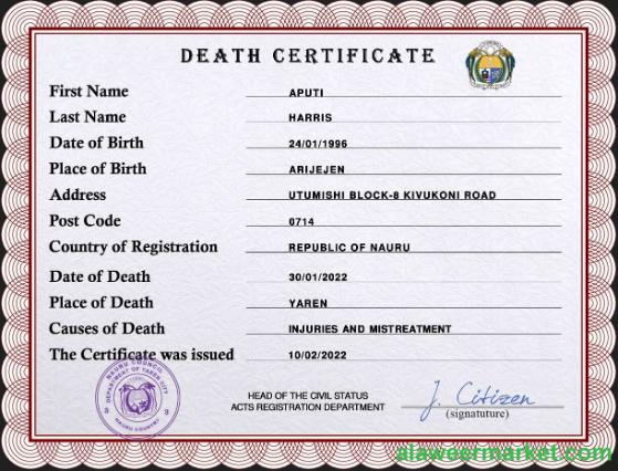 Nauru vital record death certificate PSD template